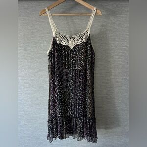 Buffalo David Bitton Black Dress with Purple, Tan, White Floral & Ivory Crochet